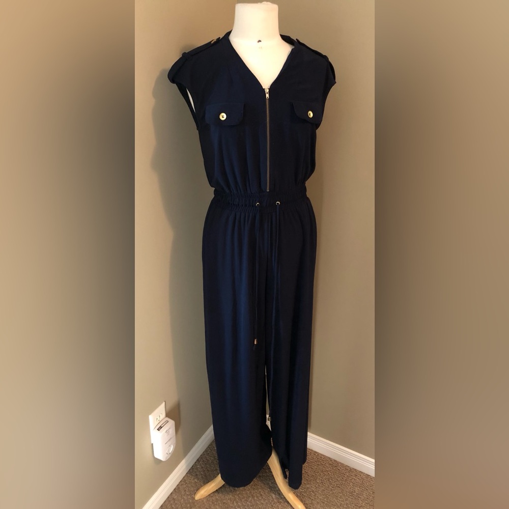Emma and Michele Navy Jumpsuit Elastic Waist Zipper Top Gold Button Size Medium